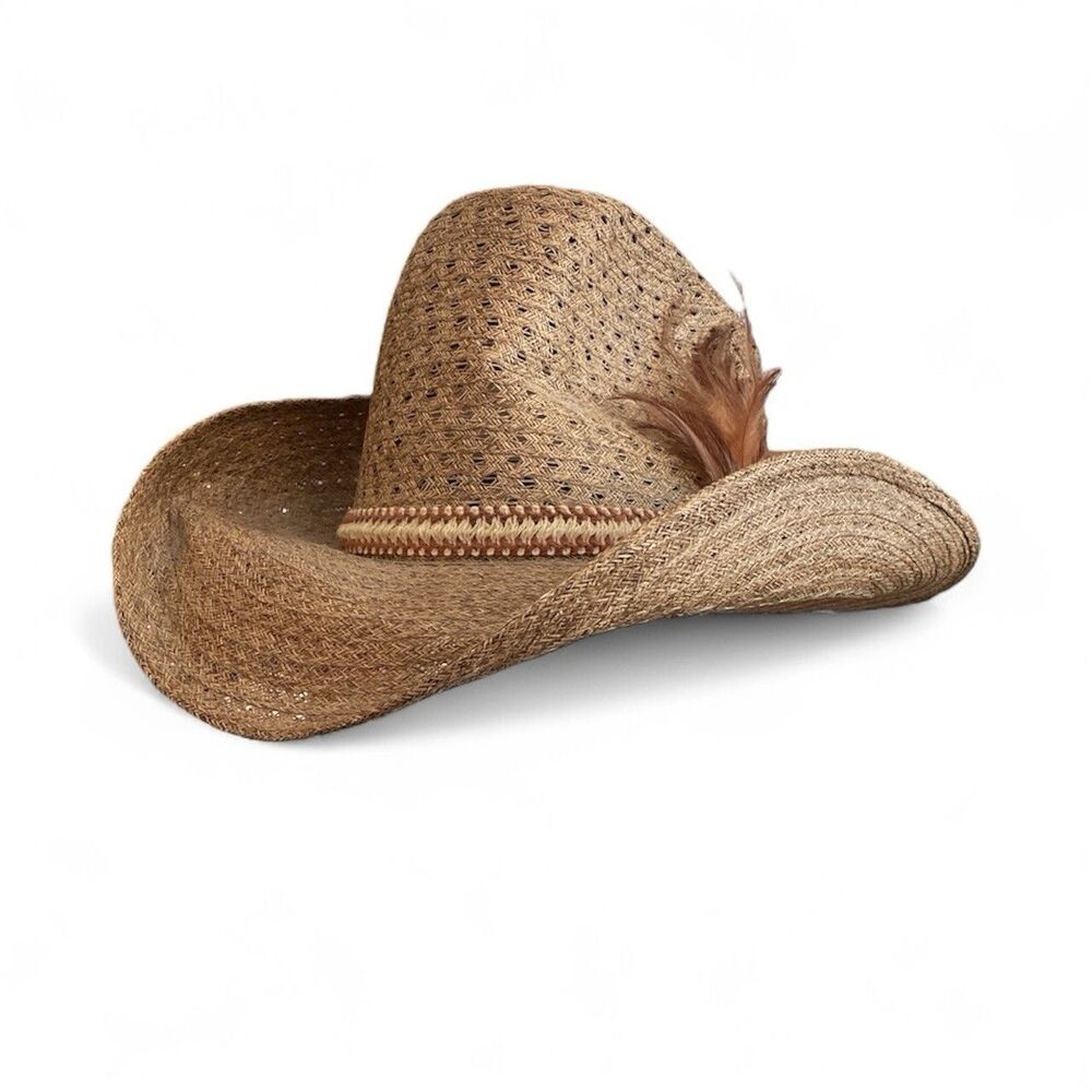 Vtg Eddy Bros Straw Western Cowboy Hat Size 7 1/8 Ranch Hats California Feather